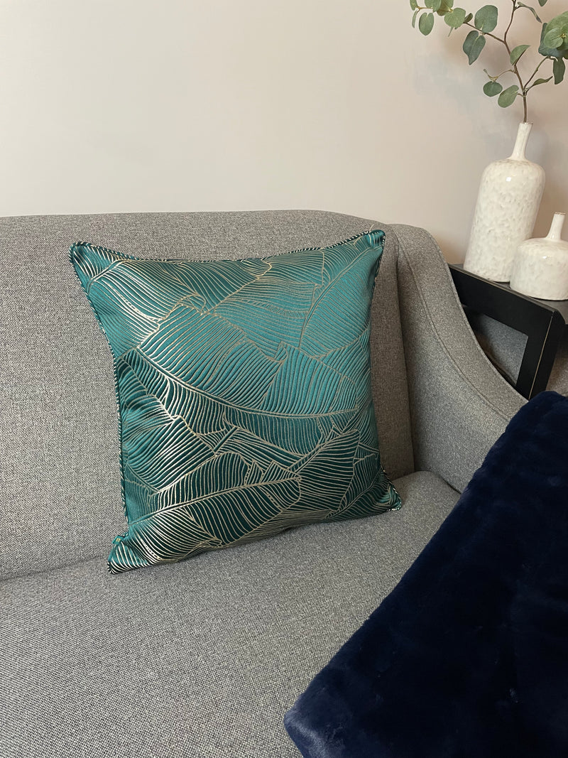 Seymour Green embroidered piped leaf cushion 50cm