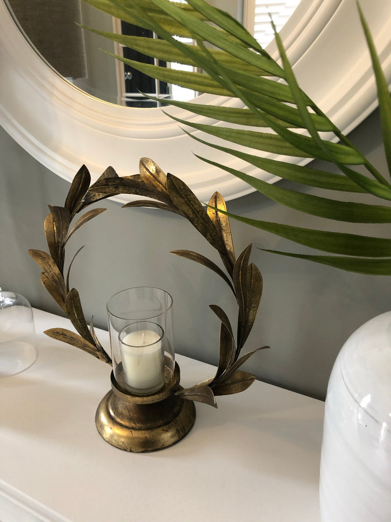 Gold laurel leaf hurricane candle holder