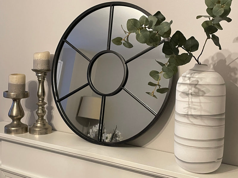Black round distressed window mirror 60cm