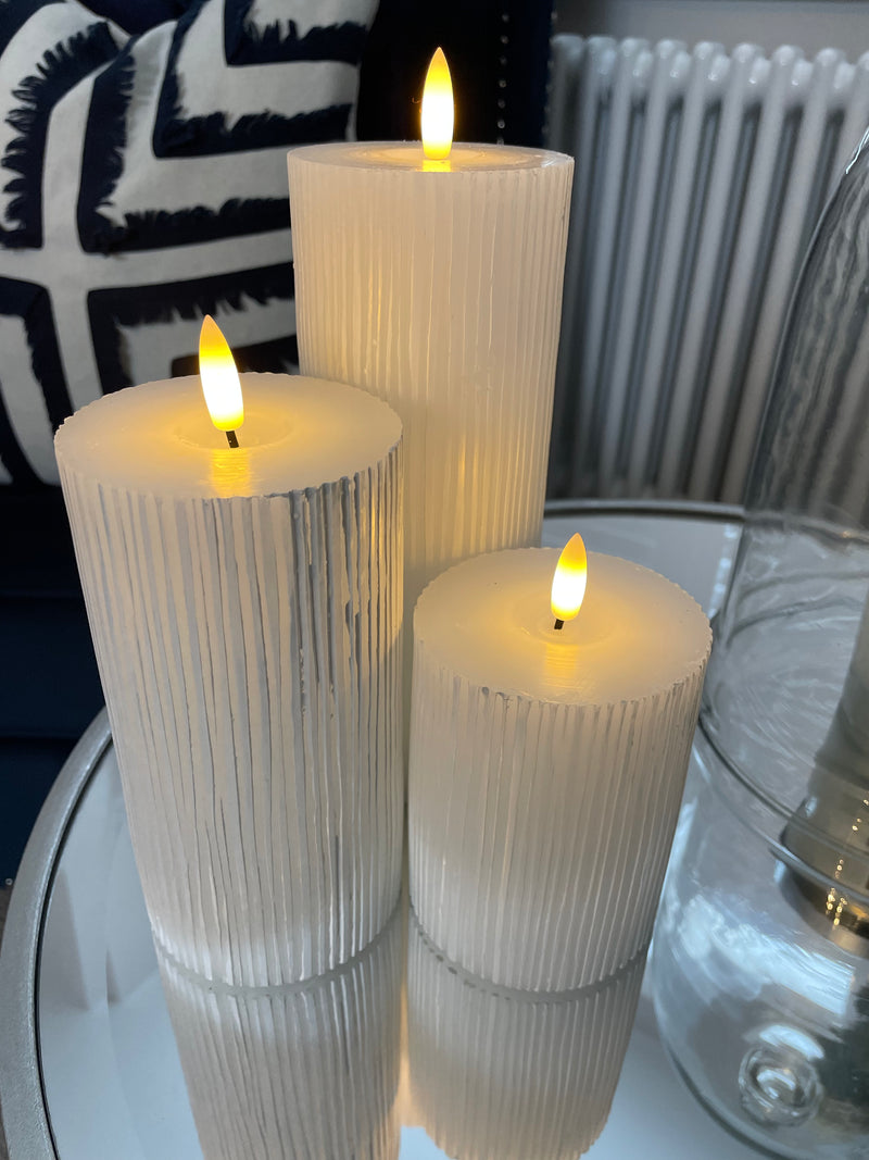 Large Off White Ribbed Real Wax LED Candle With Timer 3 sizes