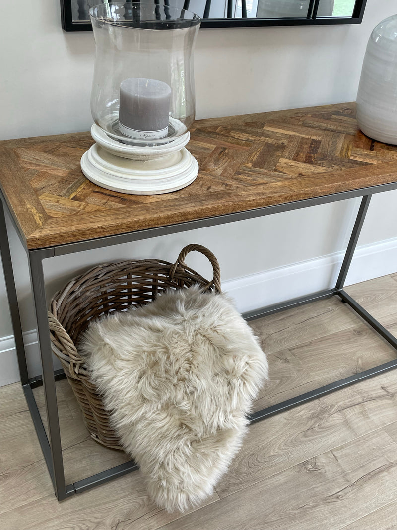 Wooden parquet top metal leg table