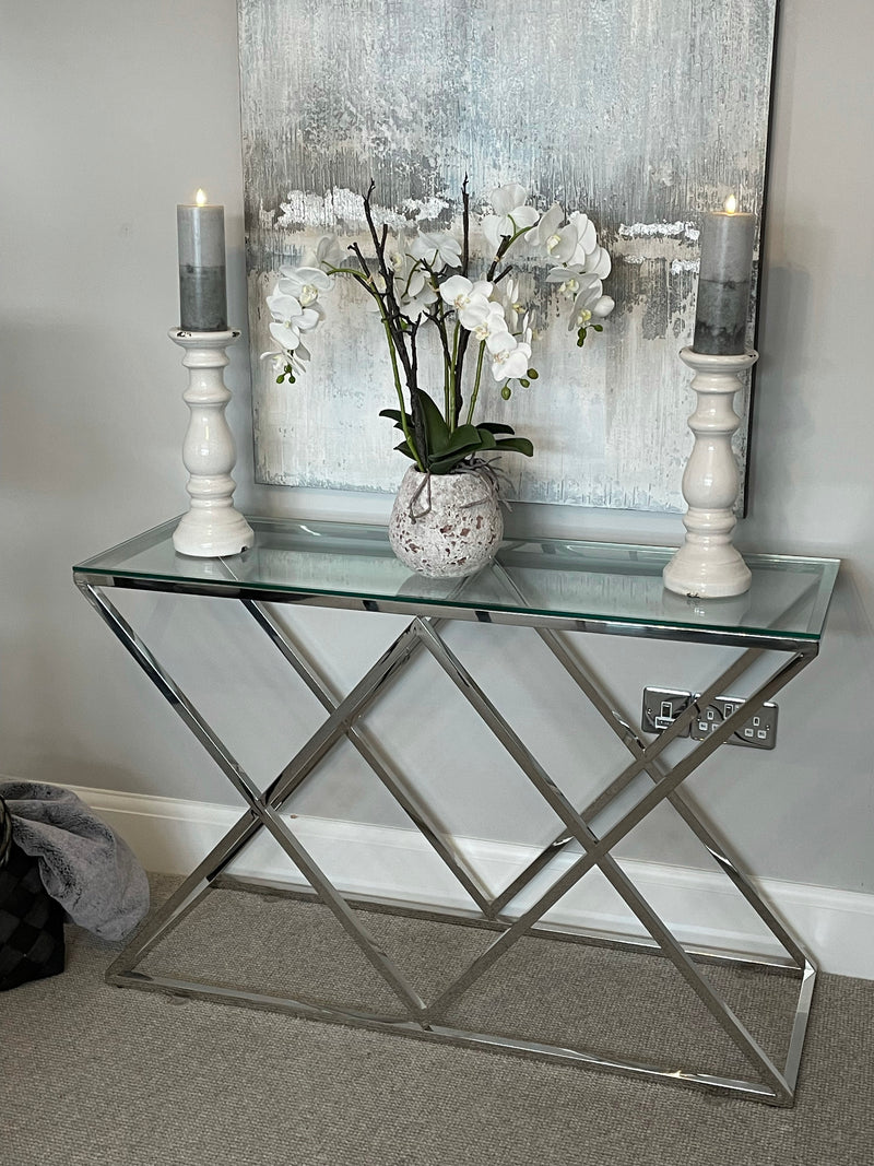 Imperia stainless steel silver metal & glass console