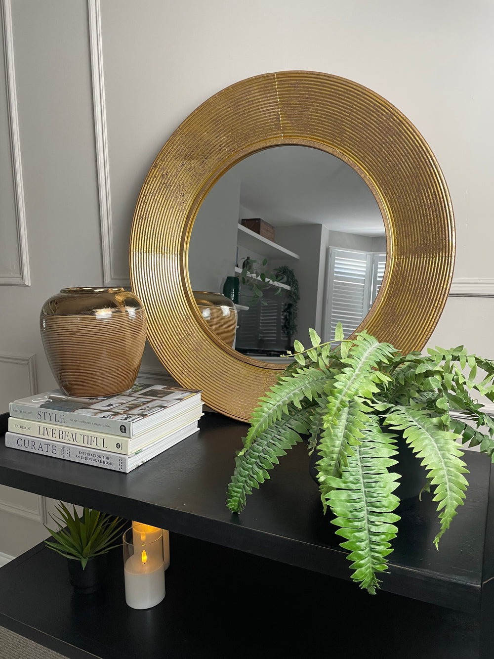 Large Gold ribbed edge round mirror 72cm Abode