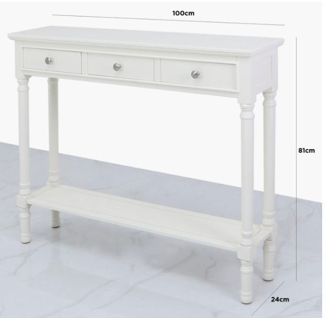 White medium slim three drawer console