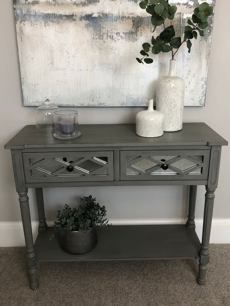 Grey Mirrored two drawer console with shelf