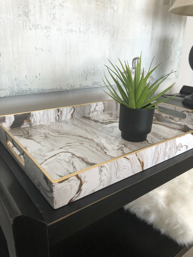 Large white and gold marble tray