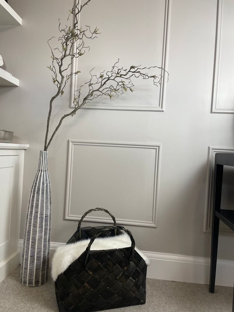 Tall Slender Tapered lined Scalloped black white Detail floor Vase