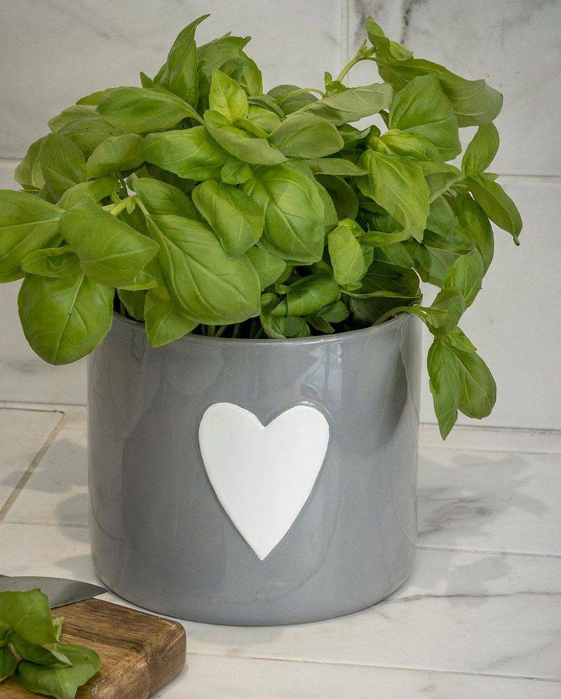 Large grey ceramic plant pot with white heart
