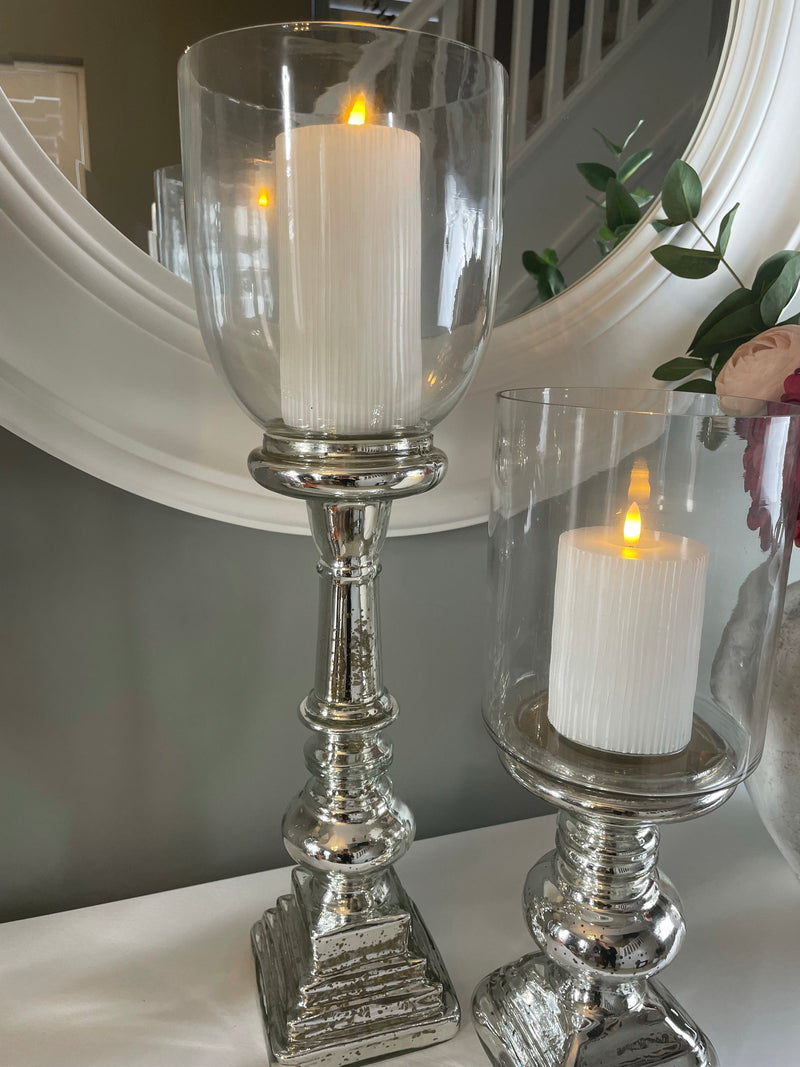 Large tall Mercury glass base candle holder with hurricane top
