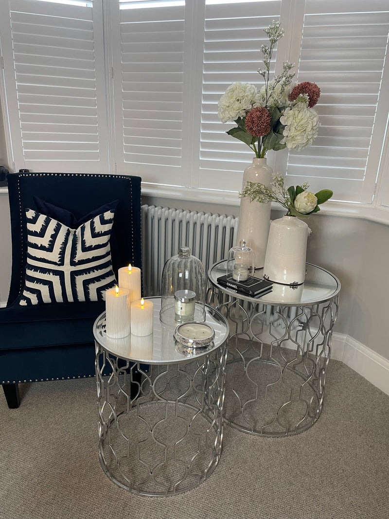 Medium silver metal side table with mirrored top