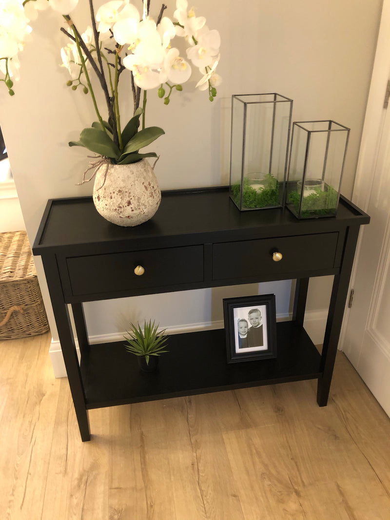 Satin Black 2 drawer console with shelf and lipped top