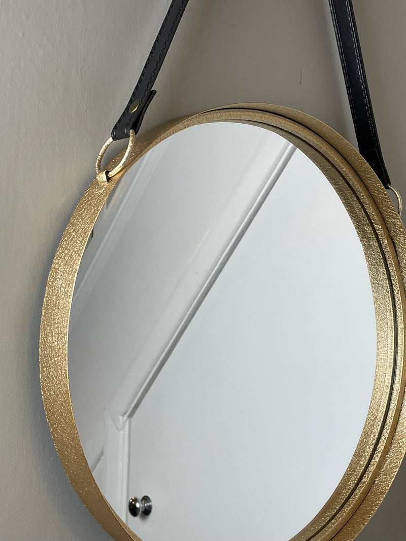 Medium gold round hanging strap mirror