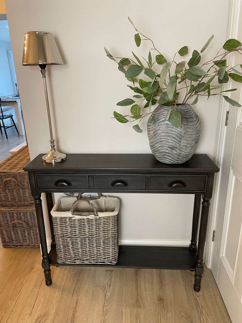 Grey silver slim console table with shelf
