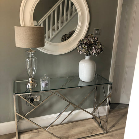 Azaria stainless steel silver metal glass console