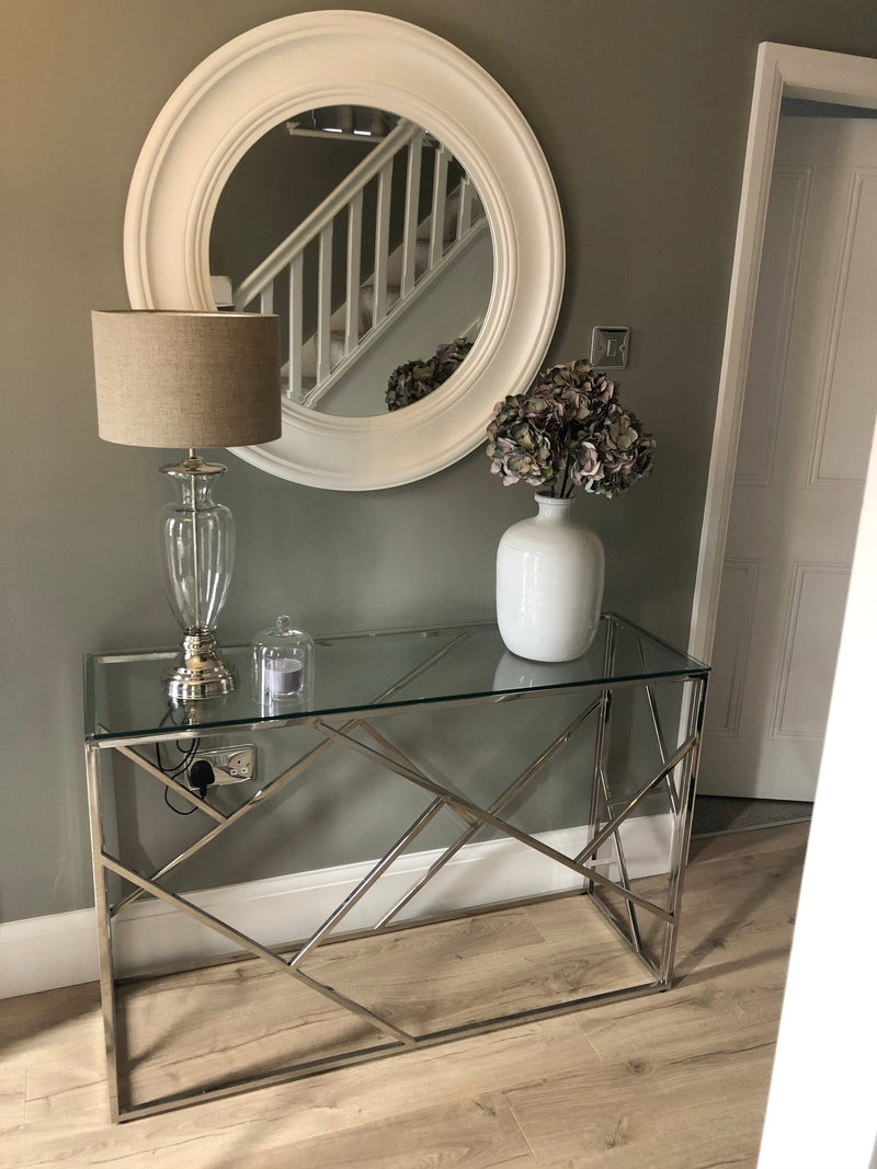 Azaria stainless steel silver metal glass console