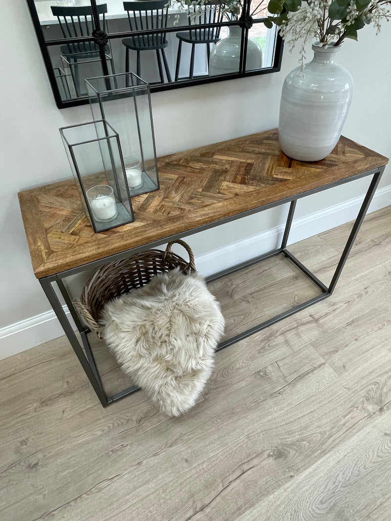 Wooden parquet top metal leg table