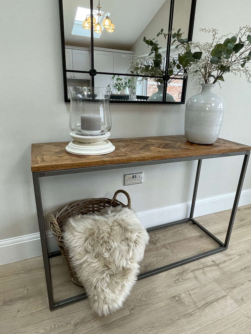 Wooden parquet top metal leg table