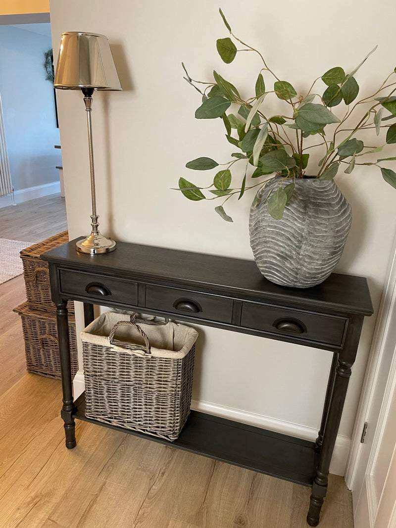 Grey silver slim console table with shelf