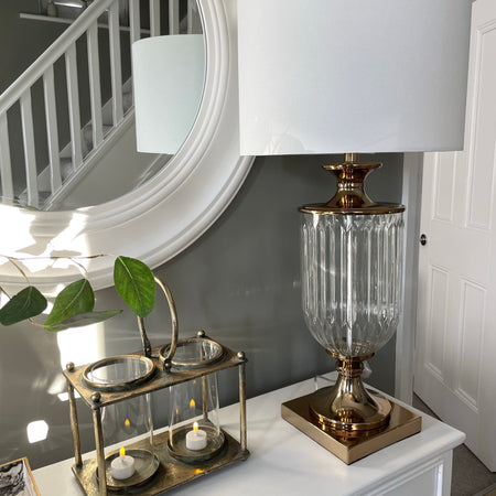Gold urn lamp with white shade