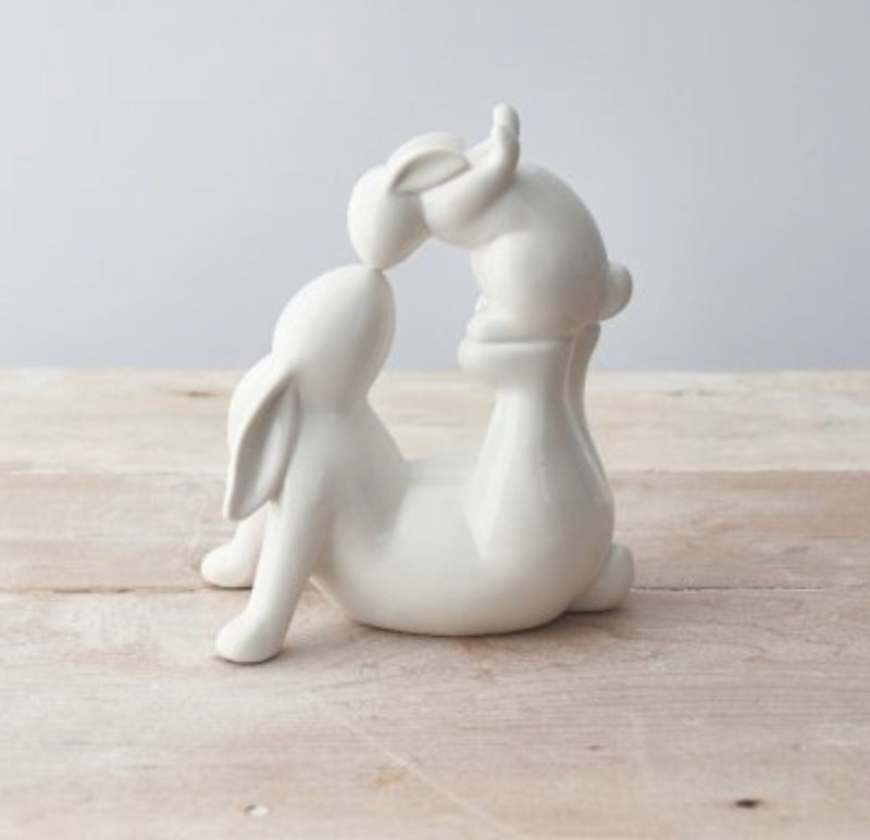 Ceramic white kissing bunnies rabbit
