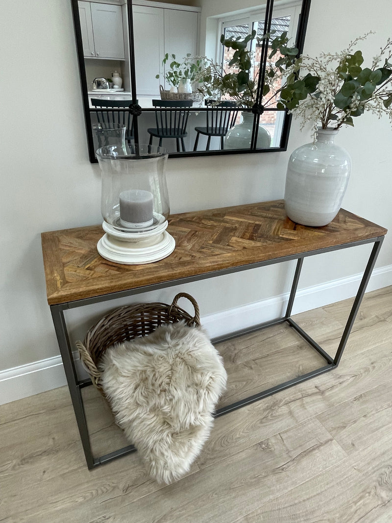 Wooden parquet top metal leg table