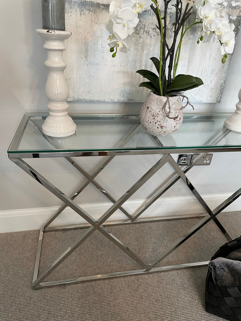 Imperia stainless steel silver metal & glass console