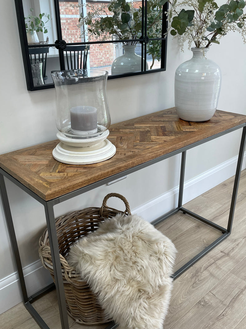 Wooden parquet top metal leg table