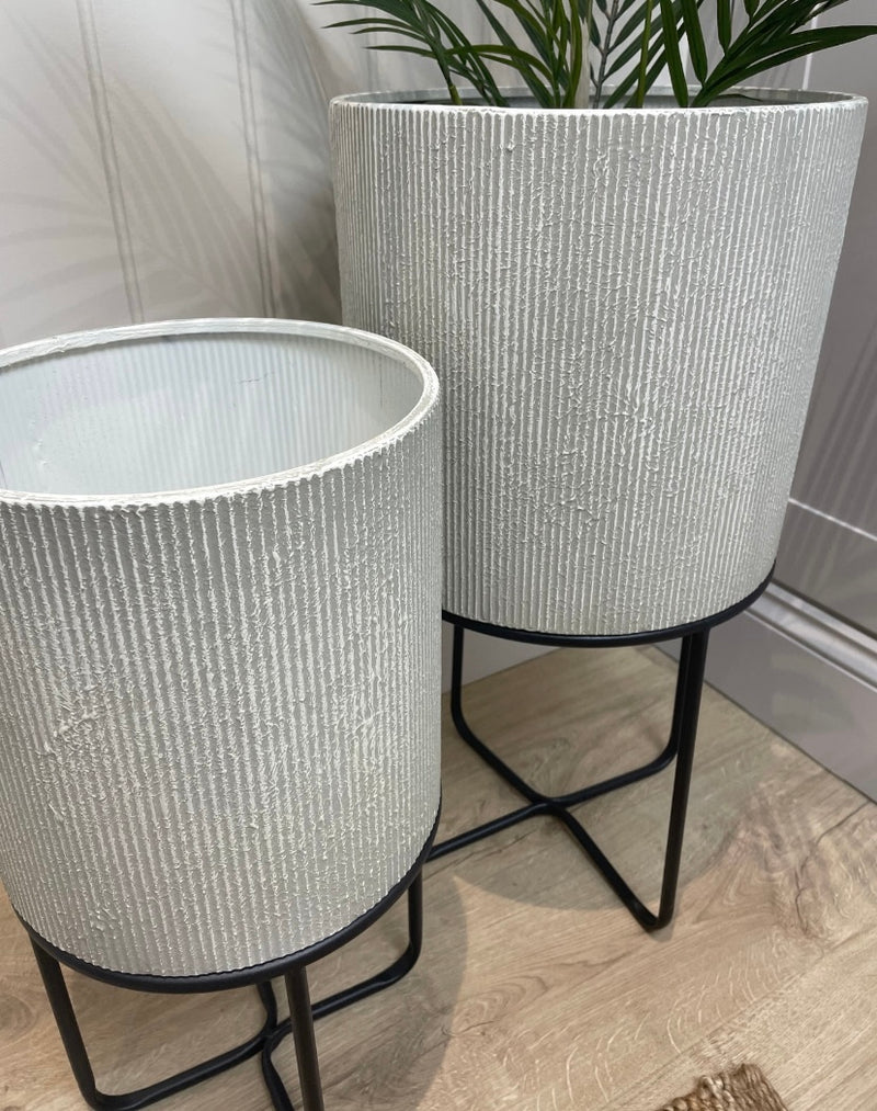 Ribbed White floor standing Metal Planter on black stand