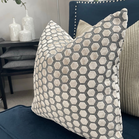 Cream and grey Jorvik hexagon cut velvet luxury cushion two sizes
