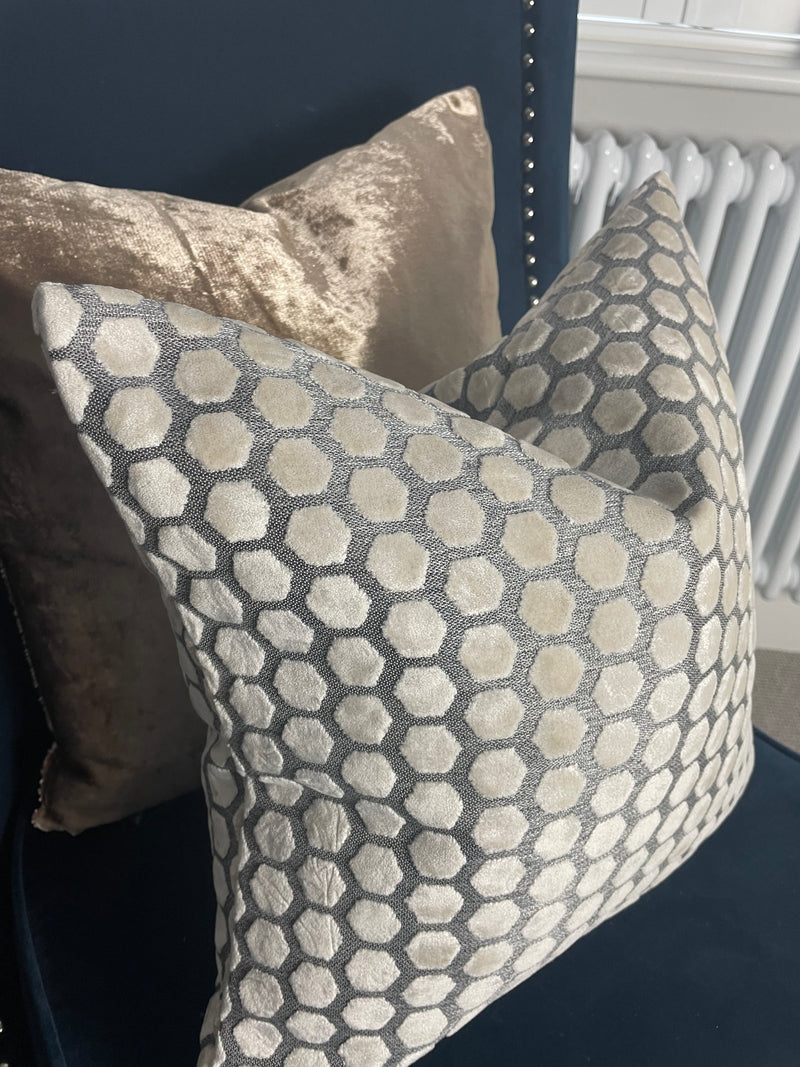 Cream and grey Jorvik hexagon cut velvet luxury cushion two sizes