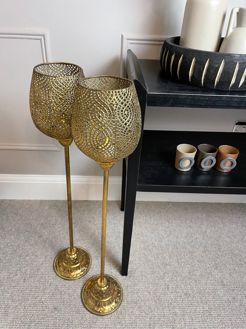 Large antique filigree gold bronze tall candle holder