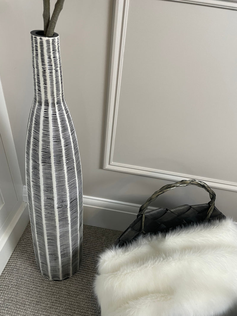 Tall Slender Tapered lined Scalloped black white Detail floor Vase