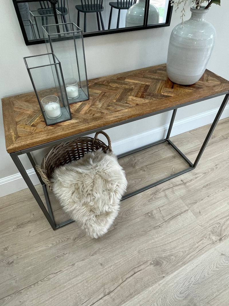 Wooden parquet top metal leg table