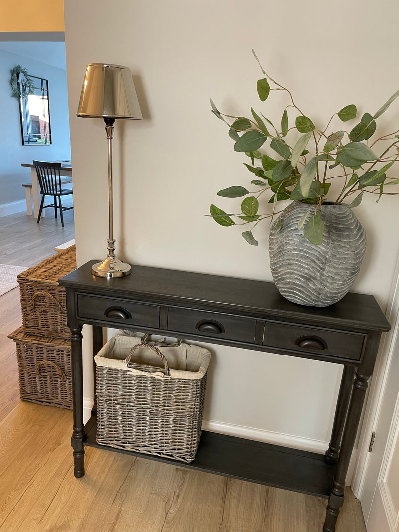 Grey silver slim console table with shelf