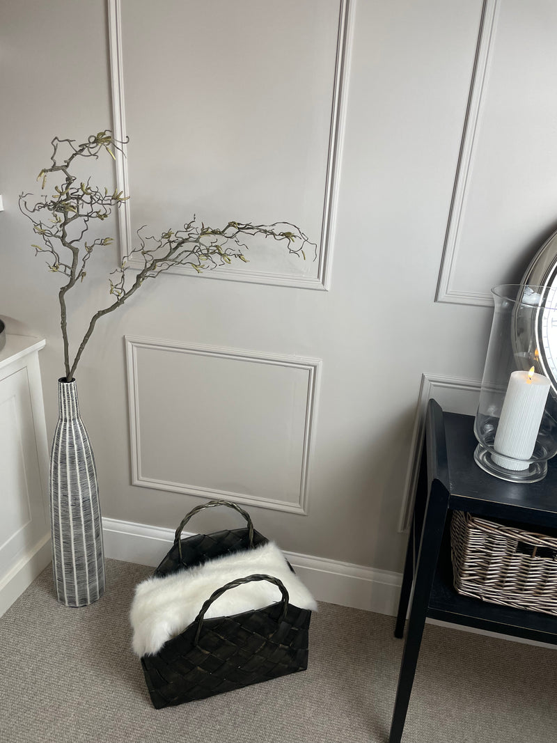 Tall Slender Tapered lined Scalloped black white Detail floor Vase