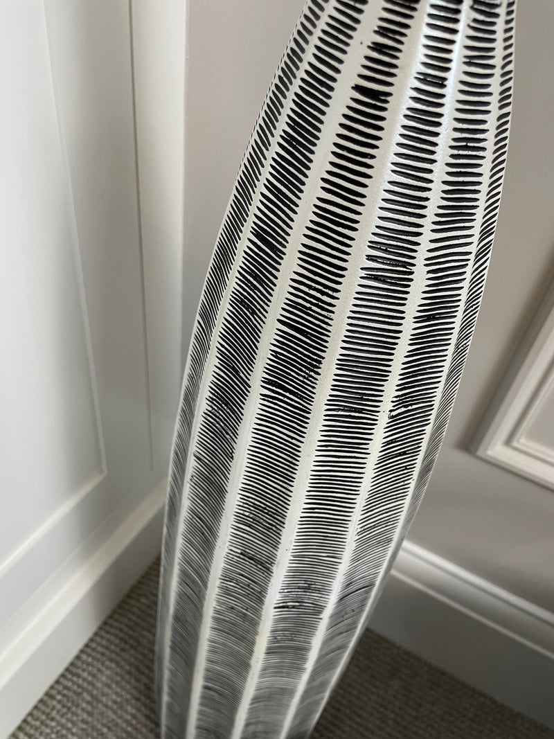 Tall Slender Tapered lined Scalloped black white Detail floor Vase