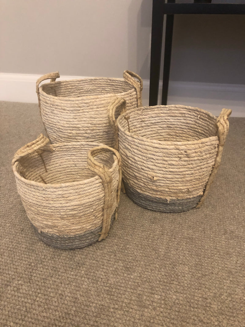 Chunky seagrass woven white and grey basket 3 sizes