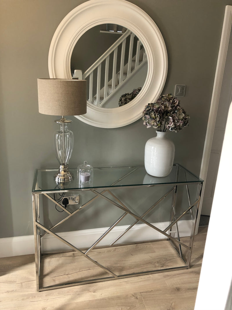Azaria stainless steel silver metal glass console