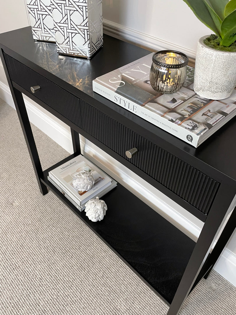 Lindon two drawer shelf black console