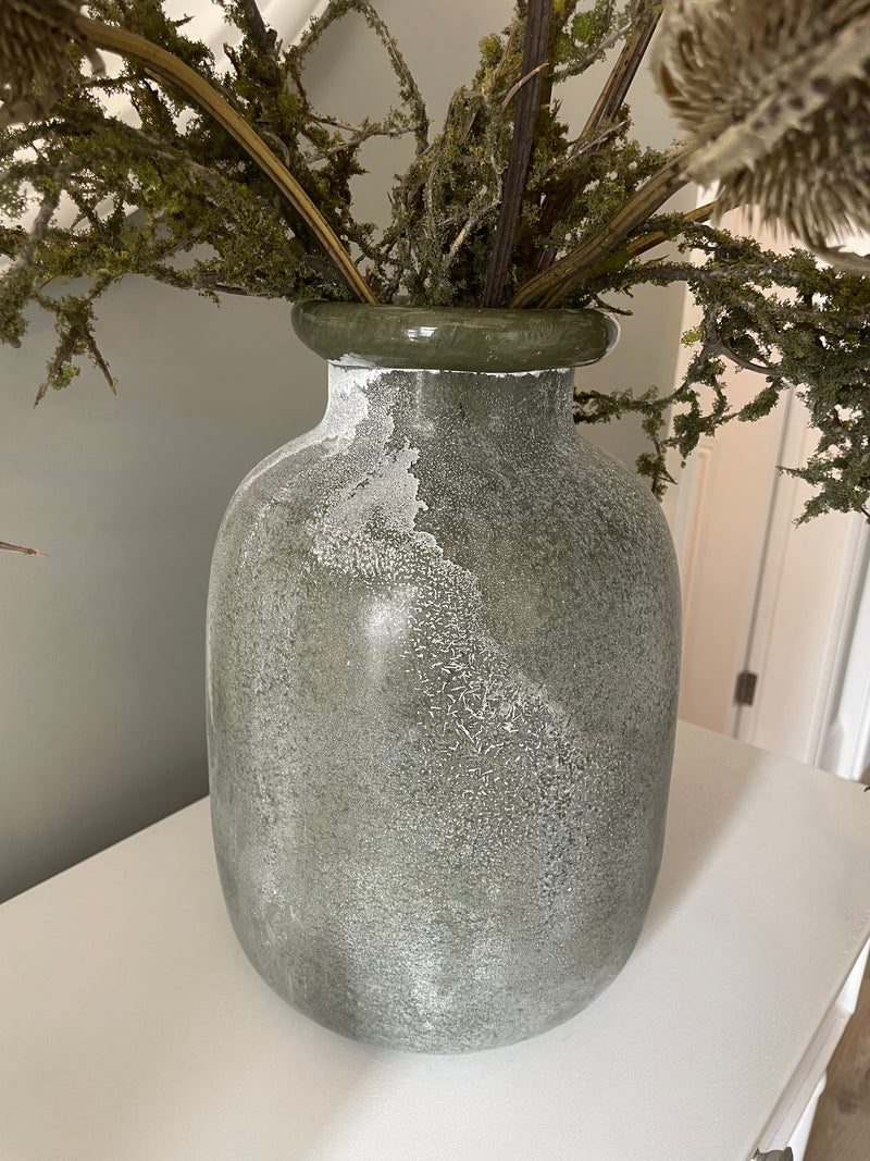 Chunky frosted olive green vase