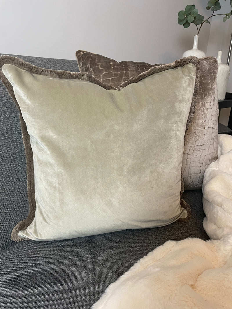 Freya taupe velvet fringed cushion