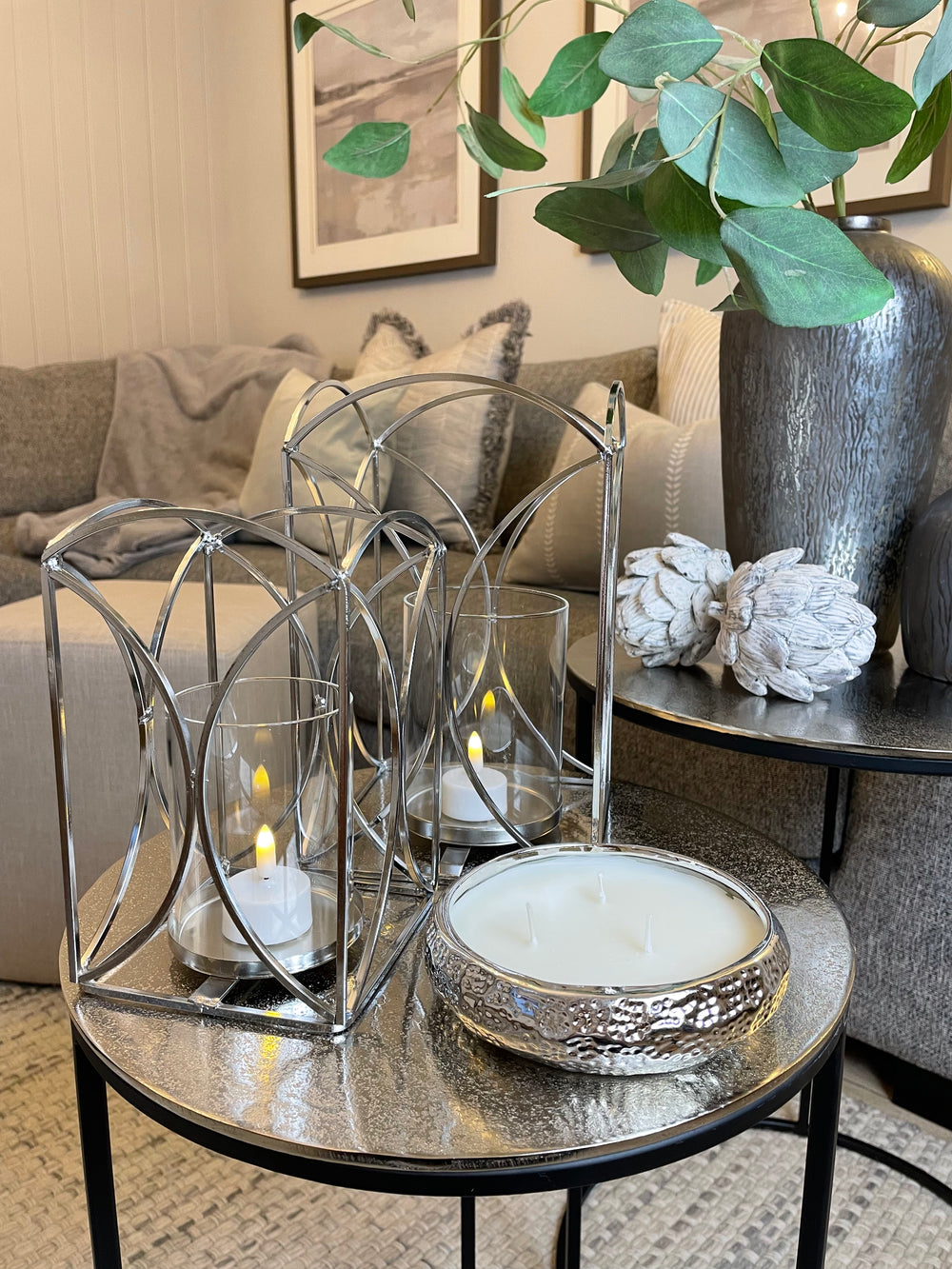 Silver chrome metal candle holder large Abode