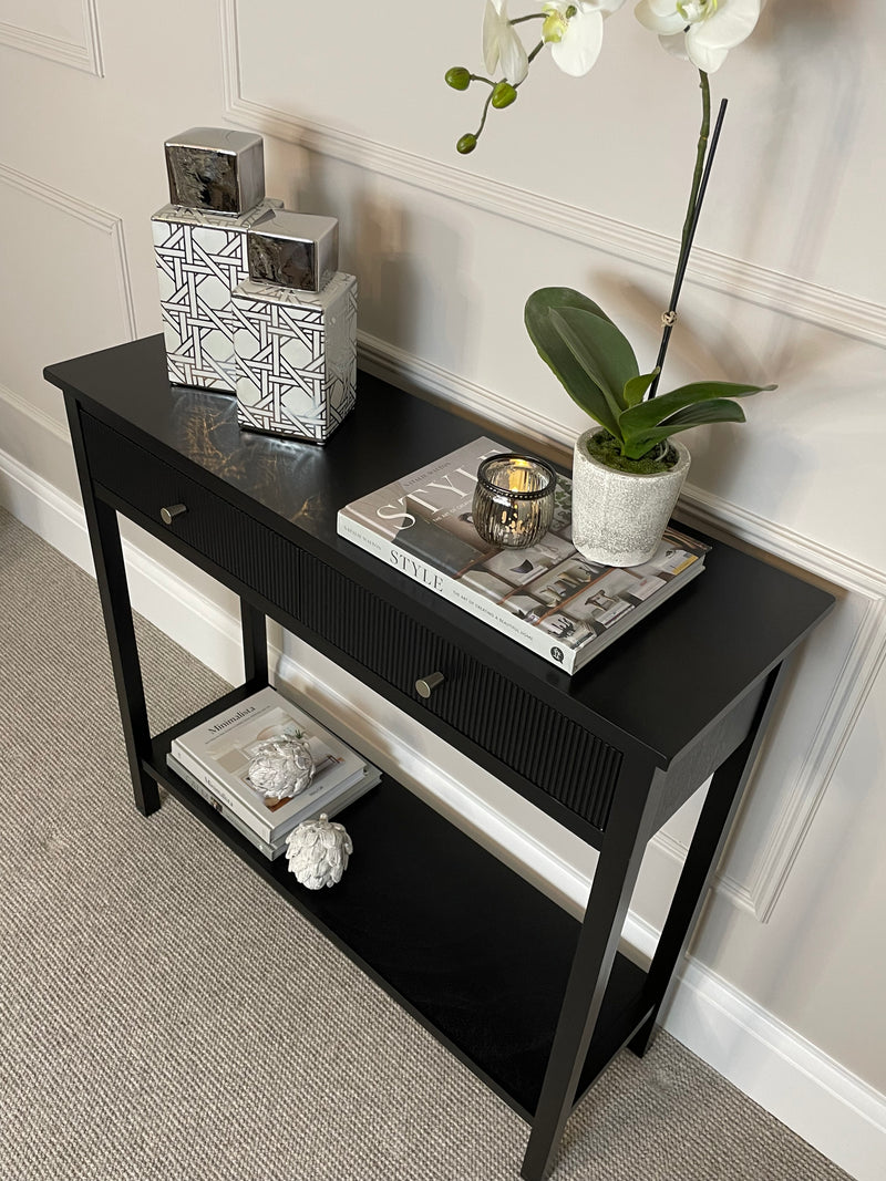 Lindon two drawer shelf black console