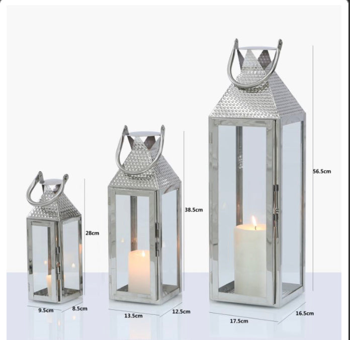 Set of three hammered chrome metal lantern