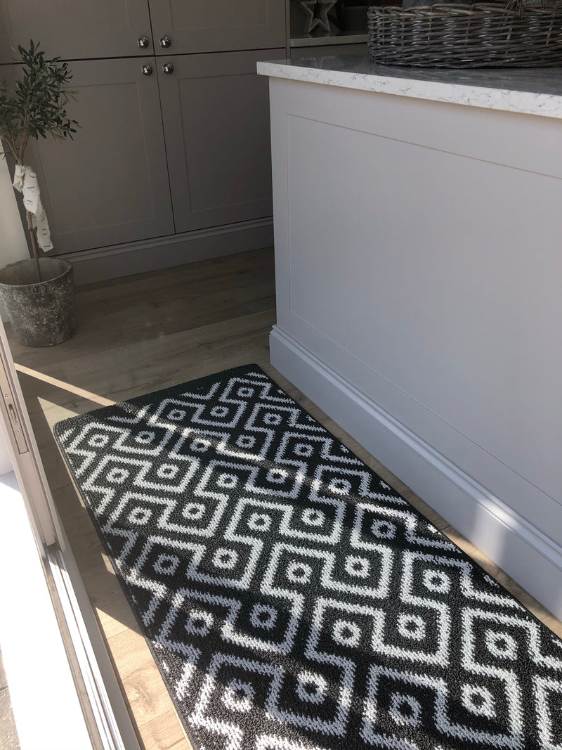 Charcoal black geo geometric door mat runner rug 150cm by 67cm