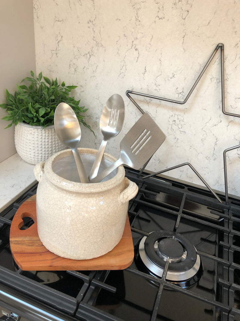 Ravello large chunky crackle pot with handles off white utensils