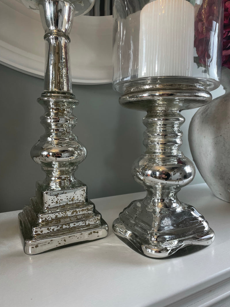 Large tall Mercury glass base candle holder with hurricane top