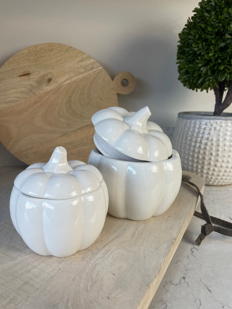 Large White Ceramic Halloween Lidded Pumpkin Jar