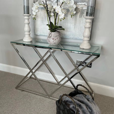 Imperia stainless steel silver metal & glass console