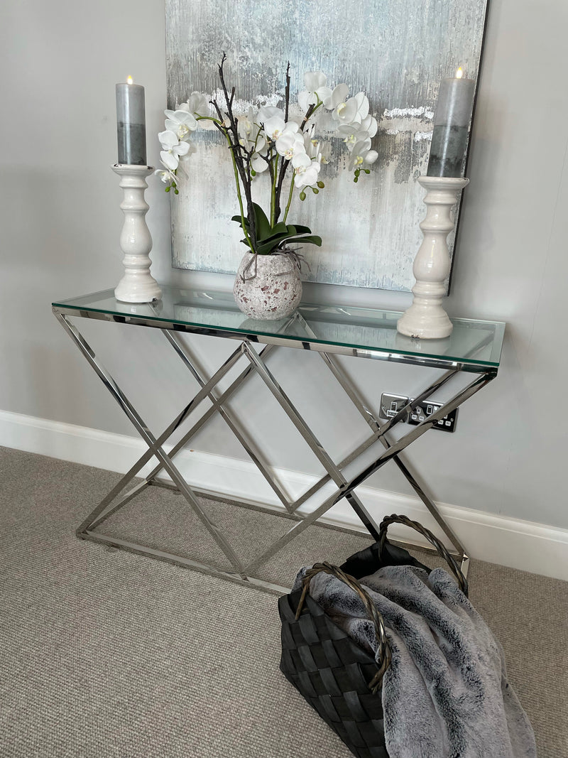 Imperia stainless steel silver metal & glass console